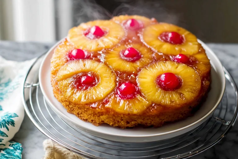 photorealistic hero image of pineapple upside-down cake on modern kitchen counter