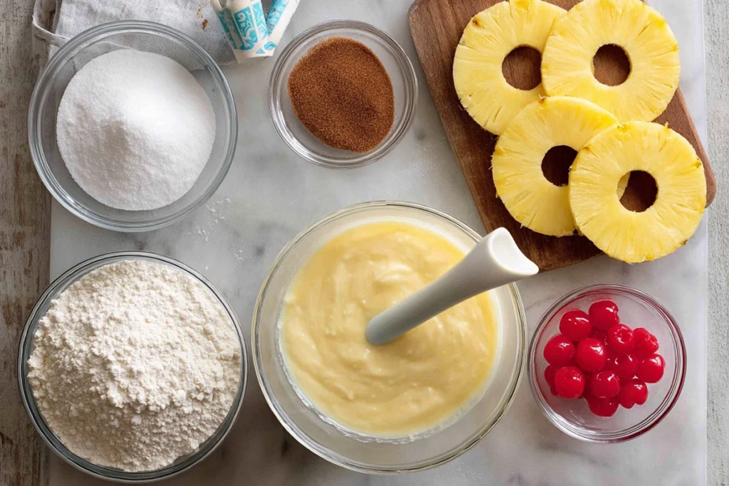 overhead image of pineapple upside-down cake ingredients arranged neatly