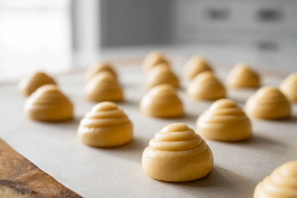 Piped dough rounds for Light Choux Pastries on a baking sheet