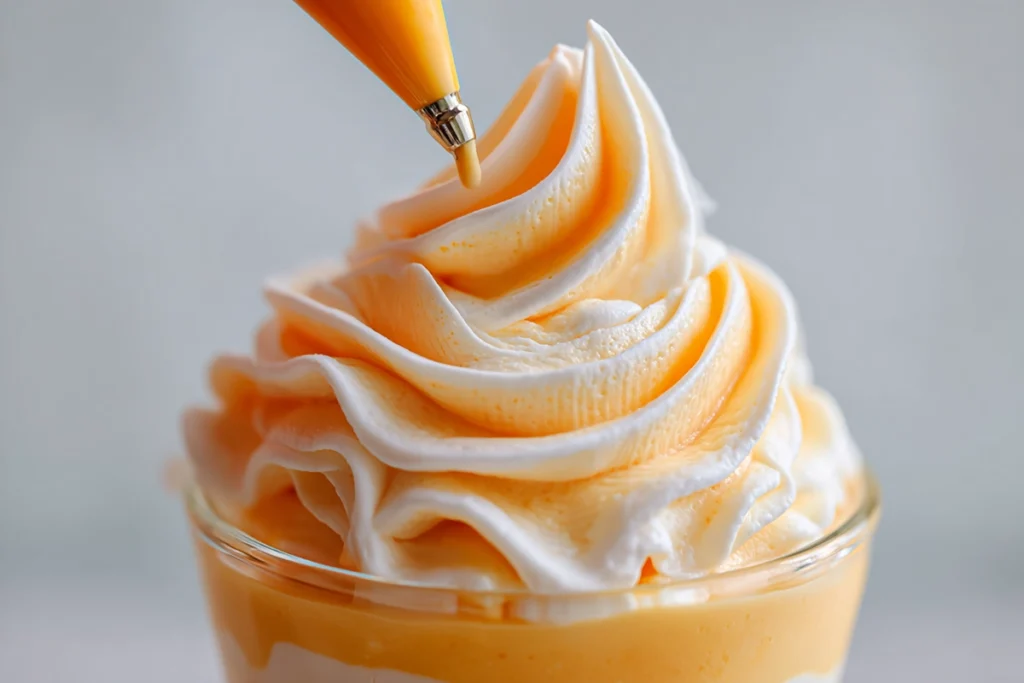 Piping the creamy Orange Whip (Disney Copycat) into a glass, showcasing the smooth texture and swirled topping.