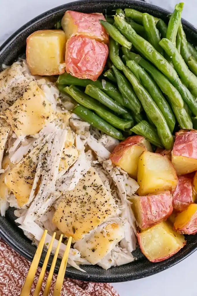 Seasoned Chicken Potatoes and Green Beans in the Slow Cooker 10 Plated seasoned chicken potatoes and green beans slow cooker dinner