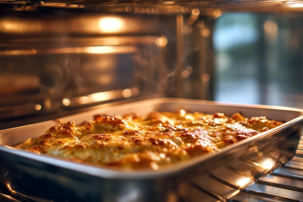 potato and egg casserole baking in oven with bubbling cheese and golden edges