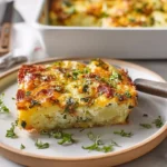 photorealistic image of potato and egg casserole with golden cheese topping and parsley garnish