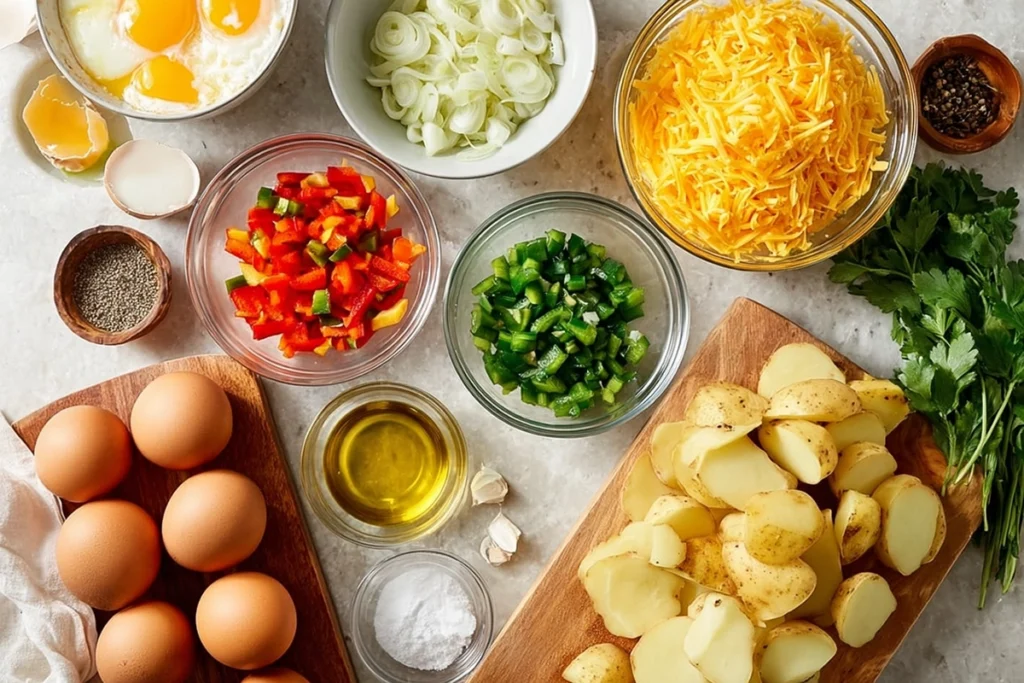 overhead image of potato and egg casserole ingredients arranged neatly in glass bowls and on a wooden board