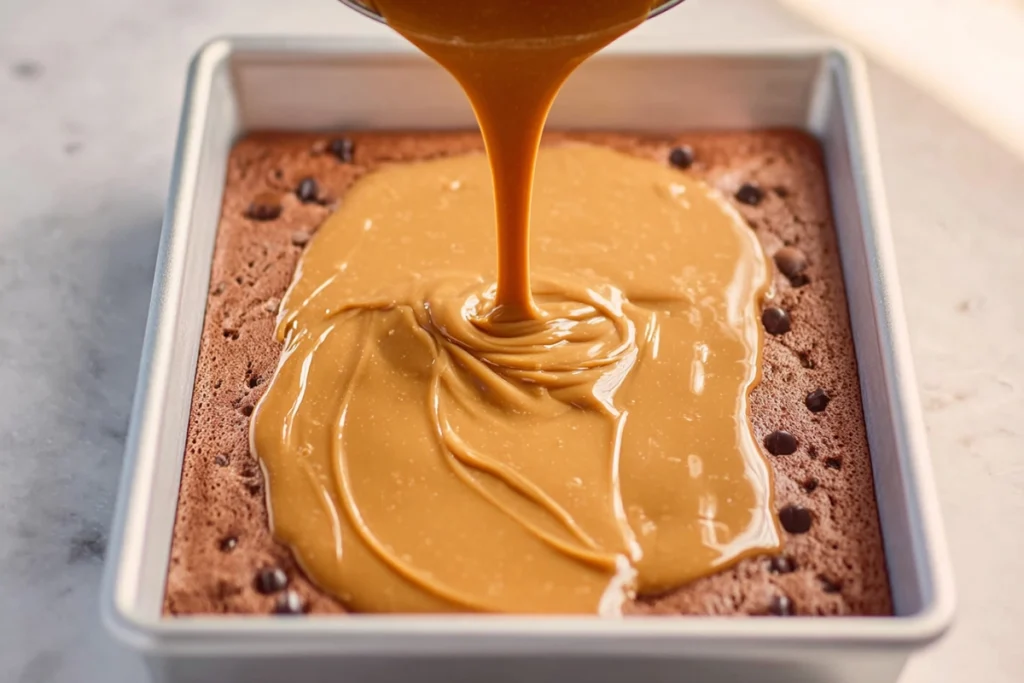 Close-up of caramel being poured over chocolate base for knock you naked bars