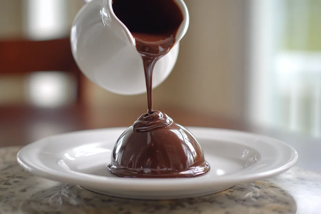 Chocolate coating being poured over Coconut Dome