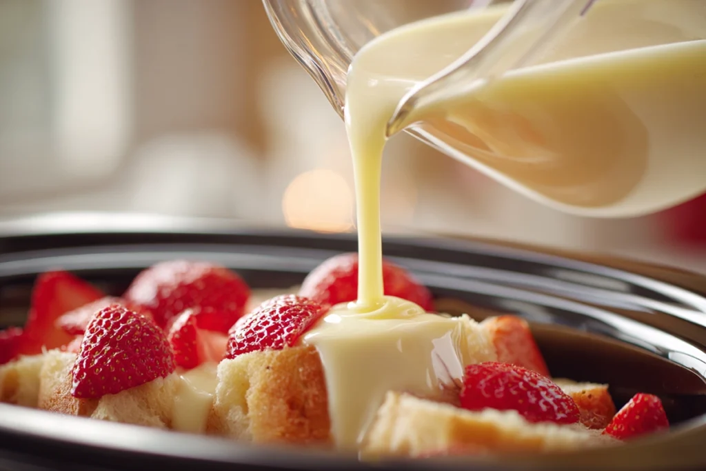 Custard mixture being poured into Slow Cooker Strawberry French Toast Casserole