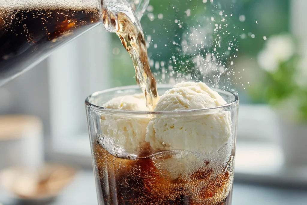 soda pouring into Shirley Temple Ice Cream Float with visible bubbles