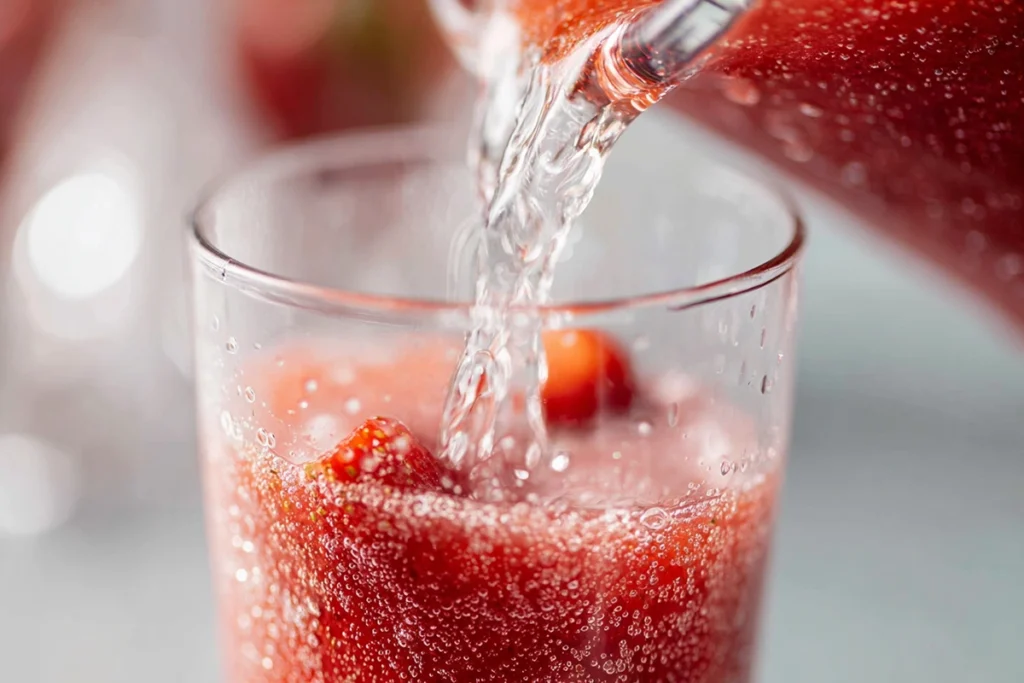 Pouring a refreshing Springtime Strawberry Sipper Mocktail from a pitcher into a glass, with bubbles forming.