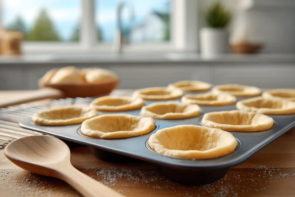 Golden cookie shells for tiramisu cookie cups cooling in a muffin tray