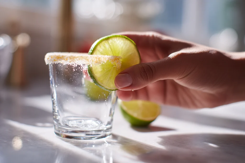 blending fresh strawberries, lime juice, and agave syrup for non-alcoholic strawberry margarita