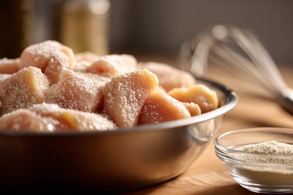 chicken being coated in cornstarch for teriyaki chicken broccoli