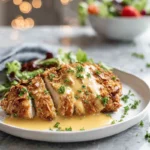 Finished Pretzel Chicken Mustard Cheddar Sauce plated in a modern kitchen