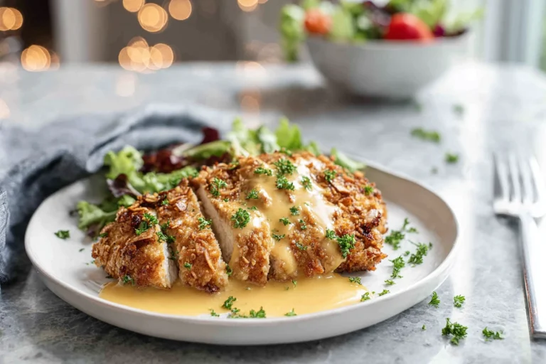 Finished Pretzel Chicken Mustard Cheddar Sauce plated in a modern kitchen