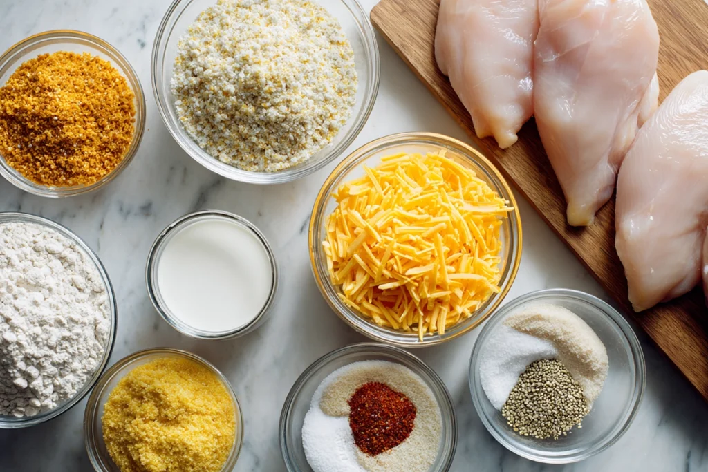 Ingredients for Pretzel Chicken Mustard Cheddar Sauce arranged in bowls on a modern counter