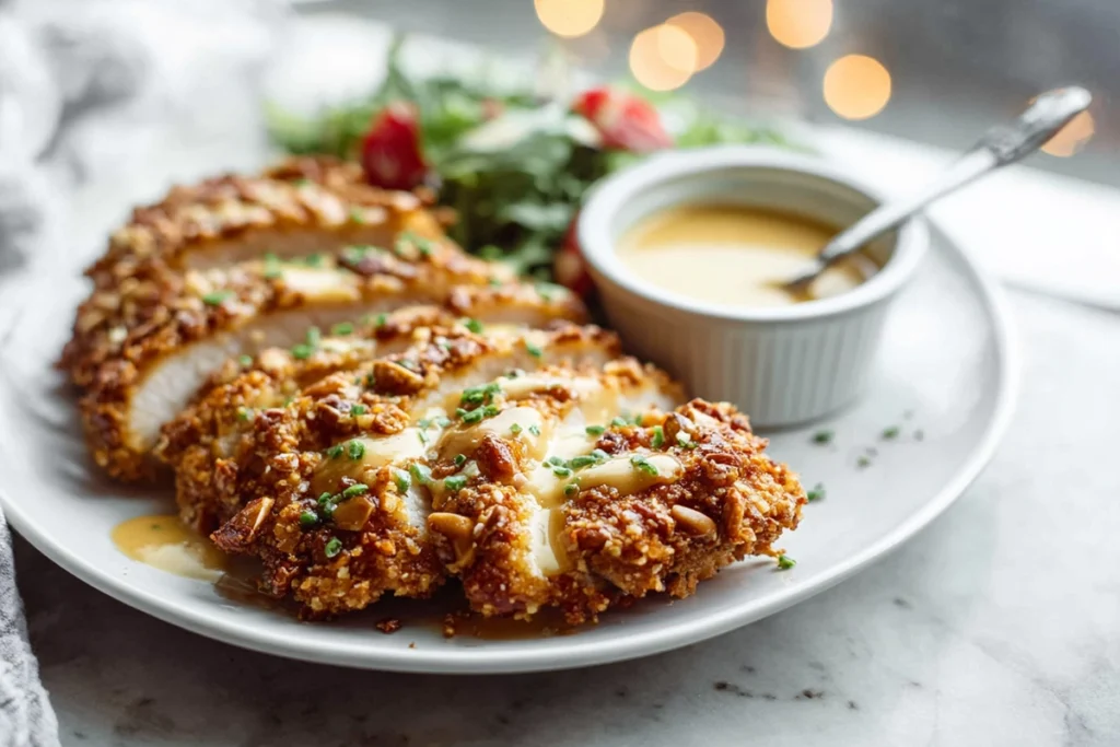 Plated Pretzel Chicken Mustard Cheddar Sauce served sliced with sauce on the side