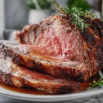 Juicy prime rib roast on white plate with rosemary garnish and au jus in a modern kitchen