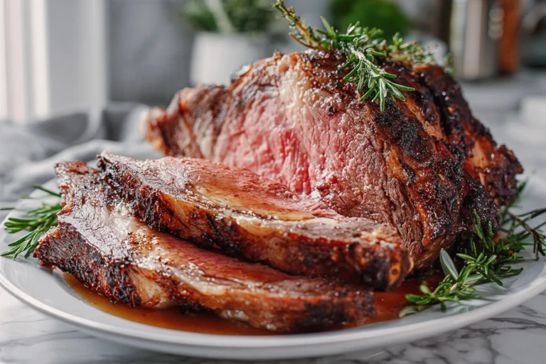 Juicy prime rib roast on white plate with rosemary garnish and au jus in a modern kitchen
