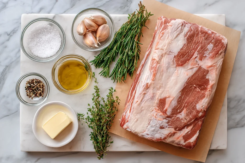 Overhead view of prime rib roast ingredients including marbled meat, herbs, salt, and pepper