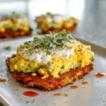 hero image of protein loaded breakfast hash browns with crisp potatoes and toppings