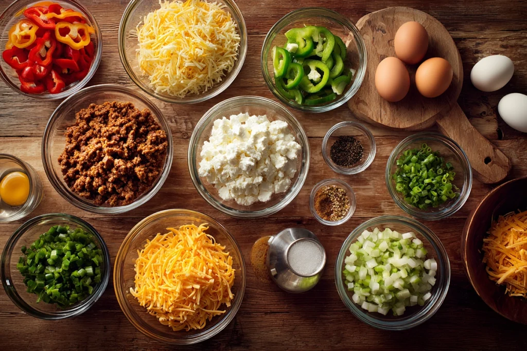 overhead image of protein loaded breakfast hash browns ingredients arranged neatly