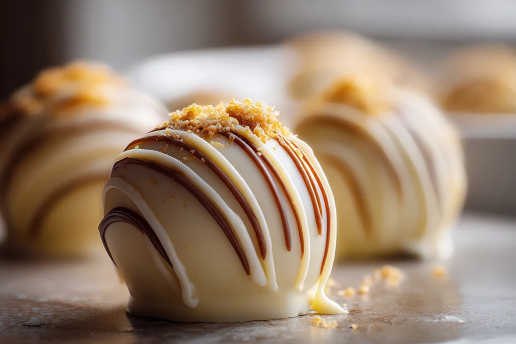 close-up of chocolate-coated pumpkin cheesecake truffle with drizzle