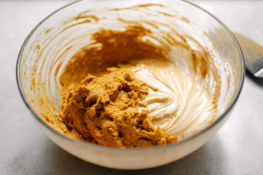 mixing pumpkin cheesecake truffle filling in a modern kitchen