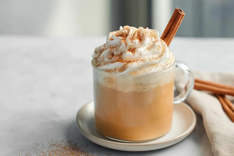 pumpkin spice milk served with whipped cream and cinnamon stick in modern kitchen