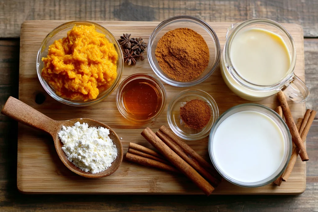 Ingredients for pumpkin spice milk: pumpkin puree, maple syrup, spices, and milk, laid out on a wooden board