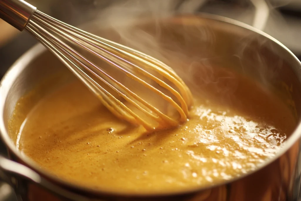 Whisking pumpkin spice milk in a saucepan, showing the creamy texture and steam rising in a modern kitchen.