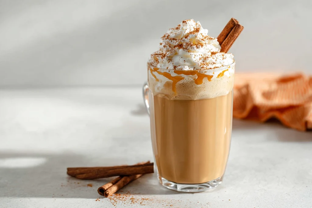 Pumpkin spice milk served in a glass mug with whipped cream, cinnamon stick, and pumpkin spice garnish.