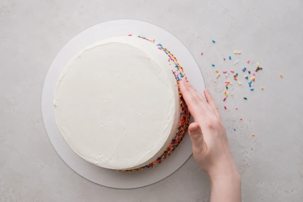 Colorful Layer Cake with Six Bright Celebration Layers 15 Rainbow sprinkle border decorating a colorful layer cake
