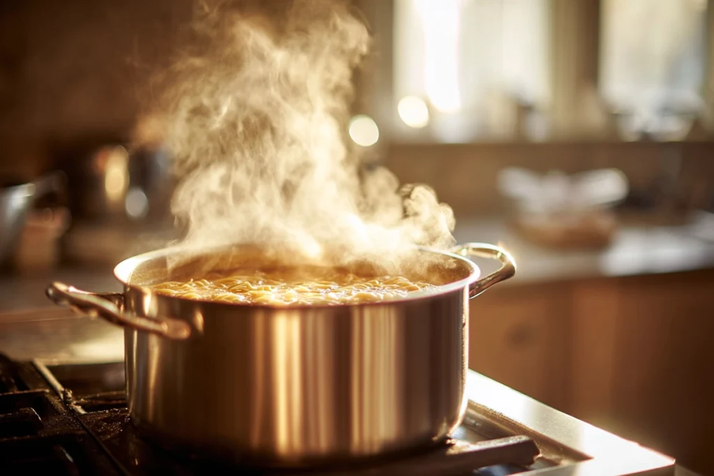 ramen broth simmering in a stainless pot in a modern kitchen