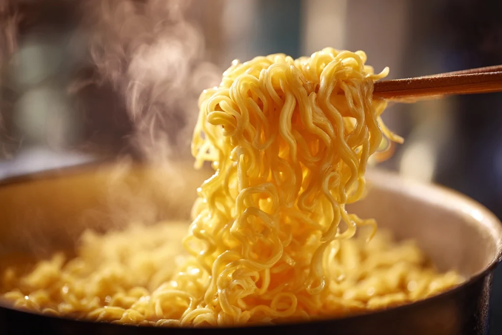 close-up macro of ramen noodles cooking in boiling water