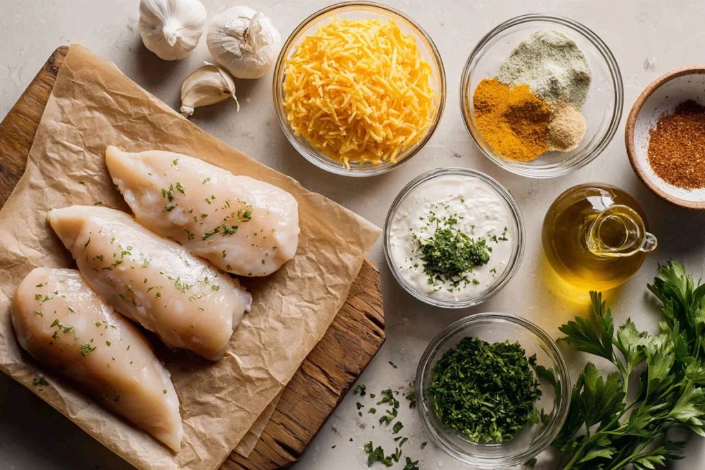 overhead view of ranch chicken ingredients arranged on wooden board under natural light