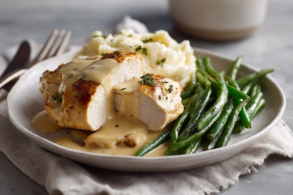 A cinematic 8K image capturing Ranch Chicken fresh from the oven with bubbling sauce, melted cheese, and natural steam under bright daylight.