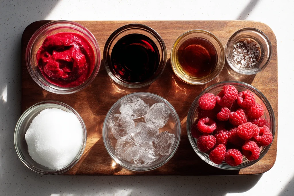 Overhead ingredients layout for Raspberry Dream Dirty Soda recipe