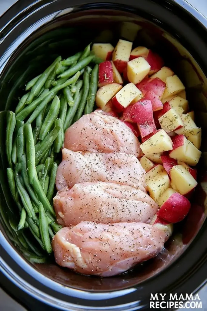 Seasoned Chicken Potatoes and Green Beans in the Slow Cooker 3 Raw seasoned chicken potatoes and green beans arranged in a slow cooker