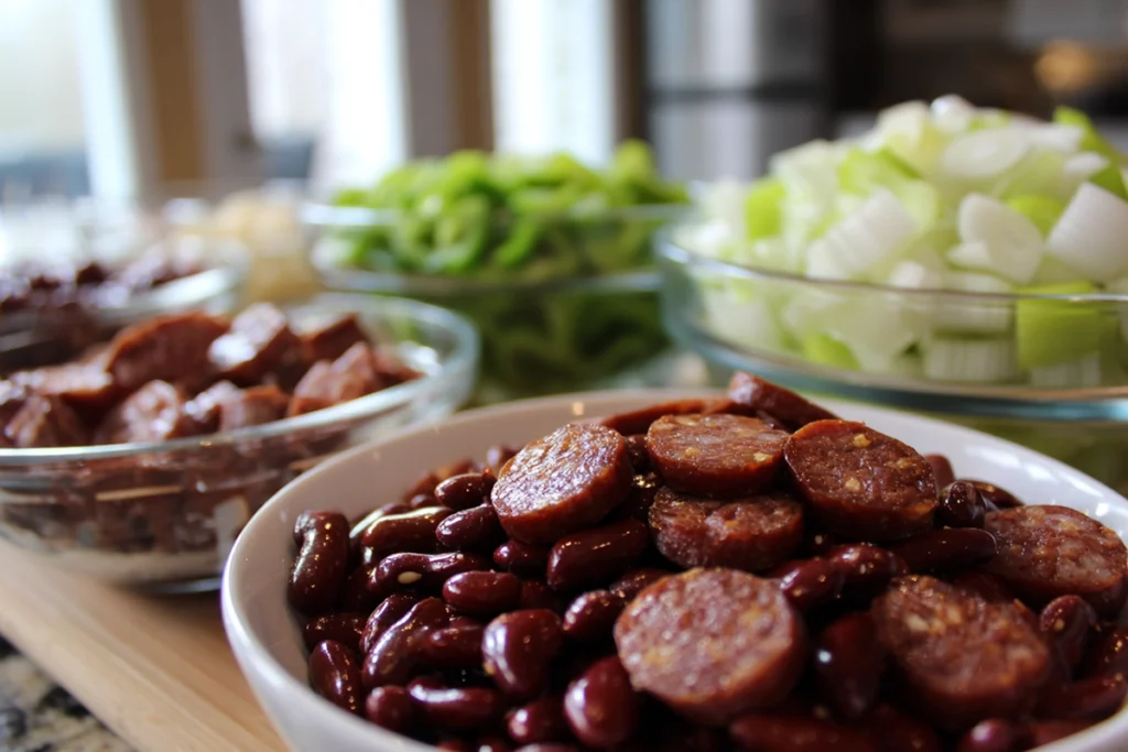 Close-up ingredients for Louisiana Red Beans and Rice in modern kitchen