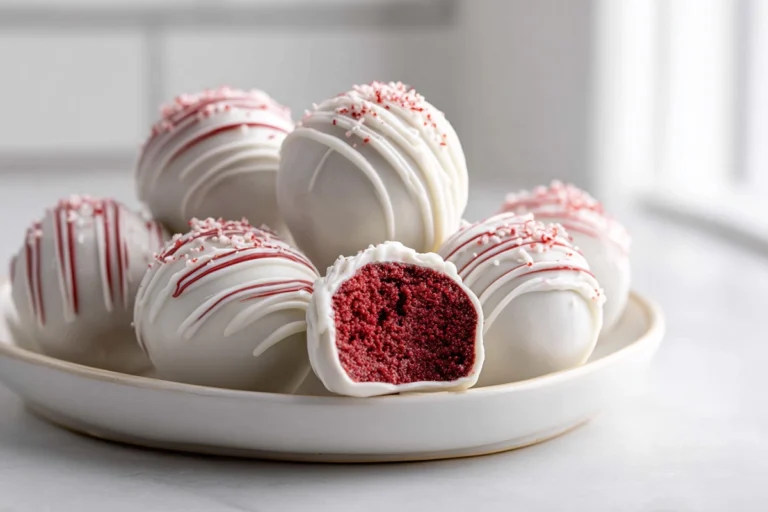 finished red velvet cake pops on plate in modern kitchen
