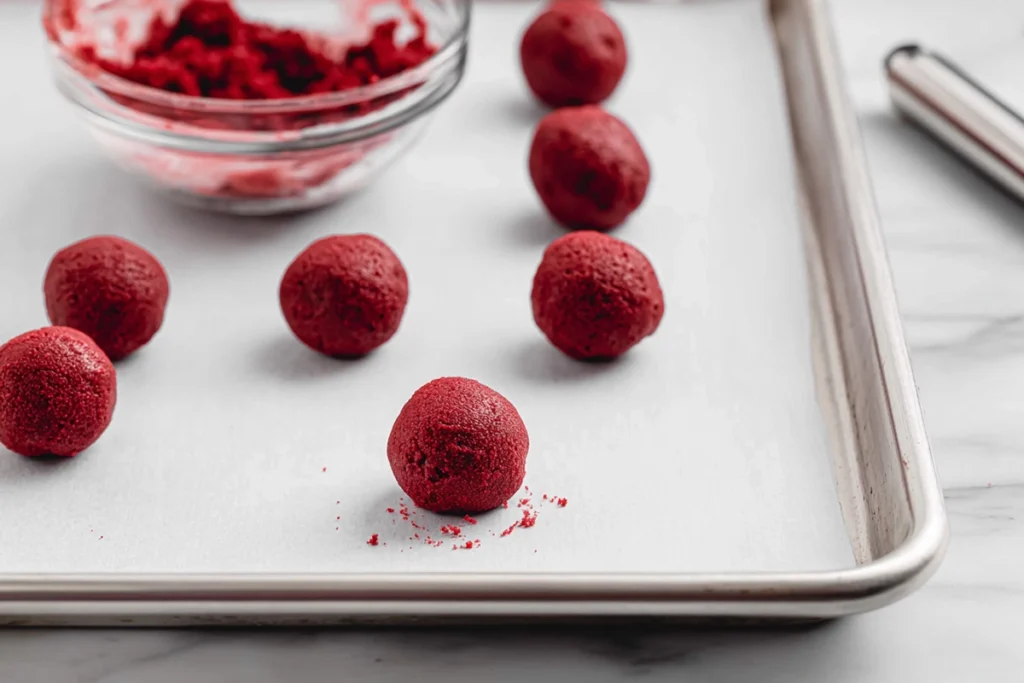 rolled red velvet cake balls on parchment tray for cake pops