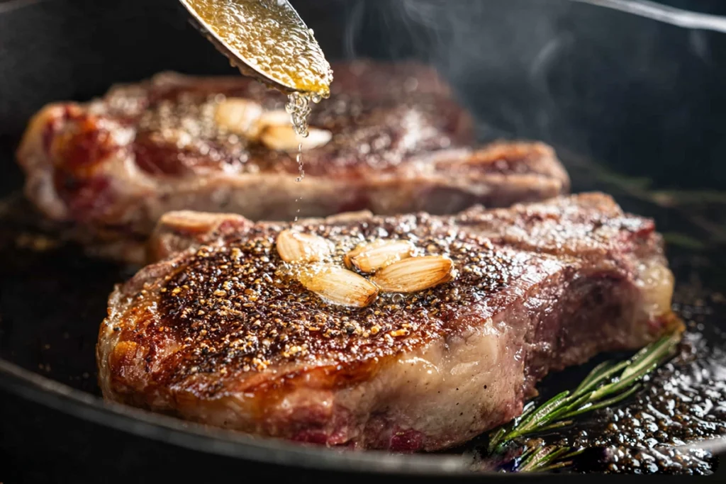 close-up of rib eye steak being basted with melted butter in cast iron skillet