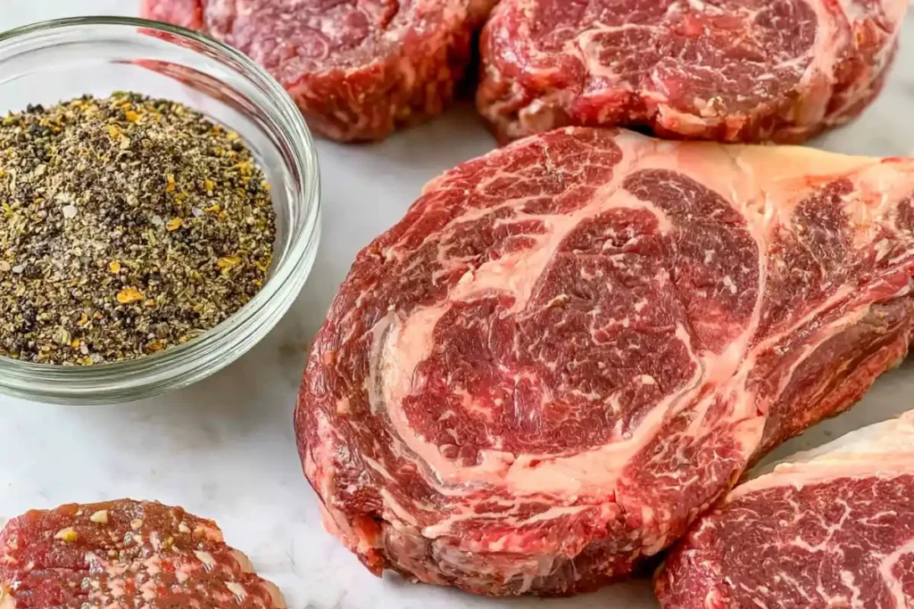 Raw rib eye steak with olive oil and simple steak seasoning ingredients