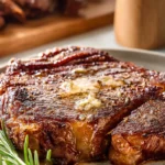 perfectly cooked rib eye steak with garlic herb butter on plate in modern kitchen