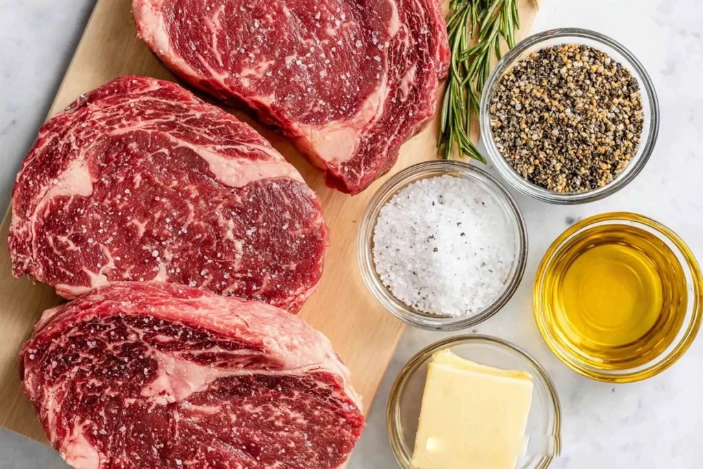 overhead photo of rib eye steak ingredients on wooden board with glass bowls