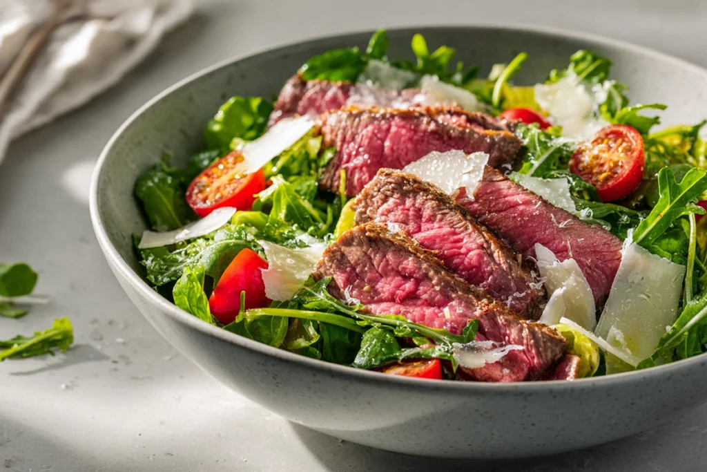 sliced rib eye steak on arugula salad with cherry tomatoes in modern kitchen