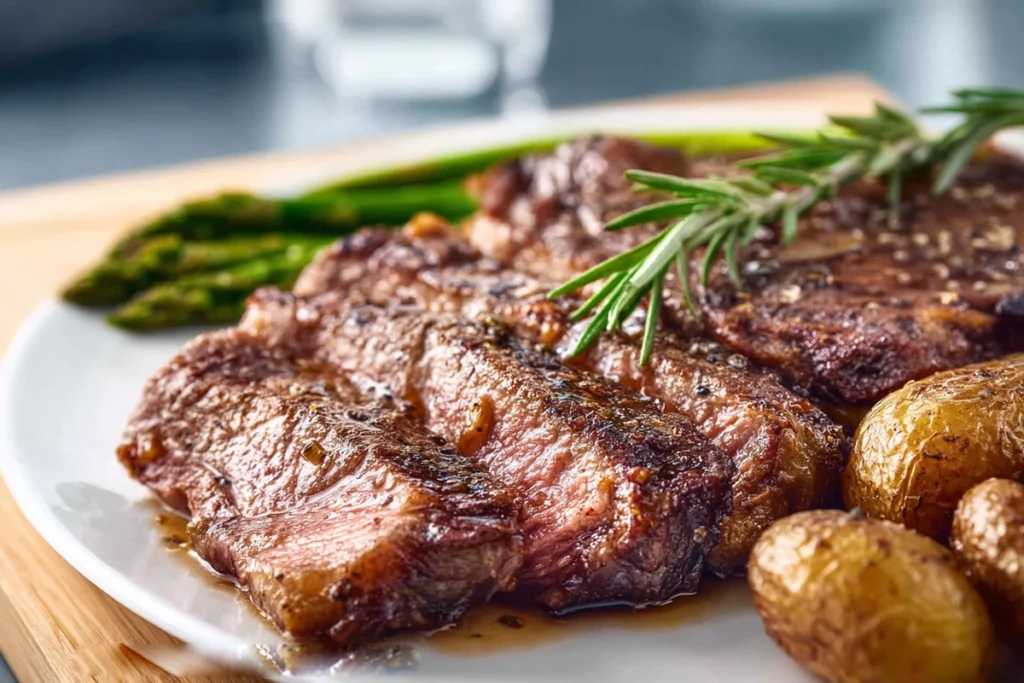 plated rib eye steak with roasted potatoes and asparagus on modern white plate