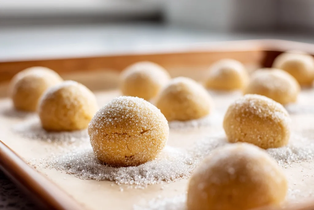 overhead photo of cookie dough balls rolled in sugar before baking vanilla sugar cookies