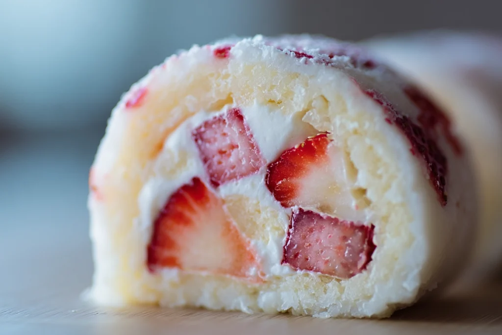 partially rolled strawberry shortcake sushi roll sponge cake with filling
