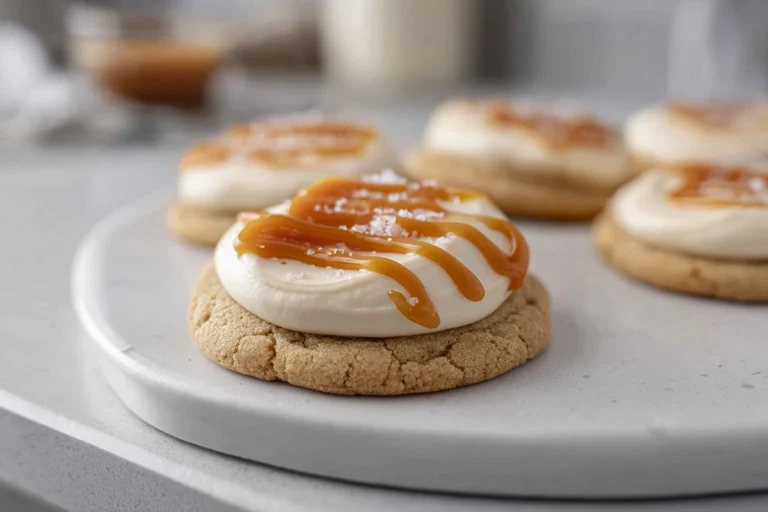 photorealistic salted caramel cheesecake cookies on plate in modern kitchen